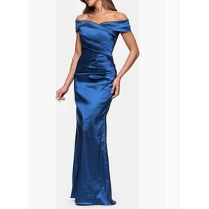 Xscape Evenings Indigo Blue Taffeta Off-Shoulder Gown - Size 10